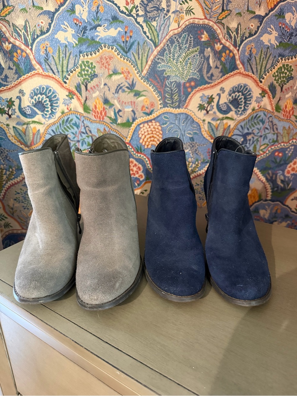 Two Pairs of Suede Ankle Boots in Gray and Navy